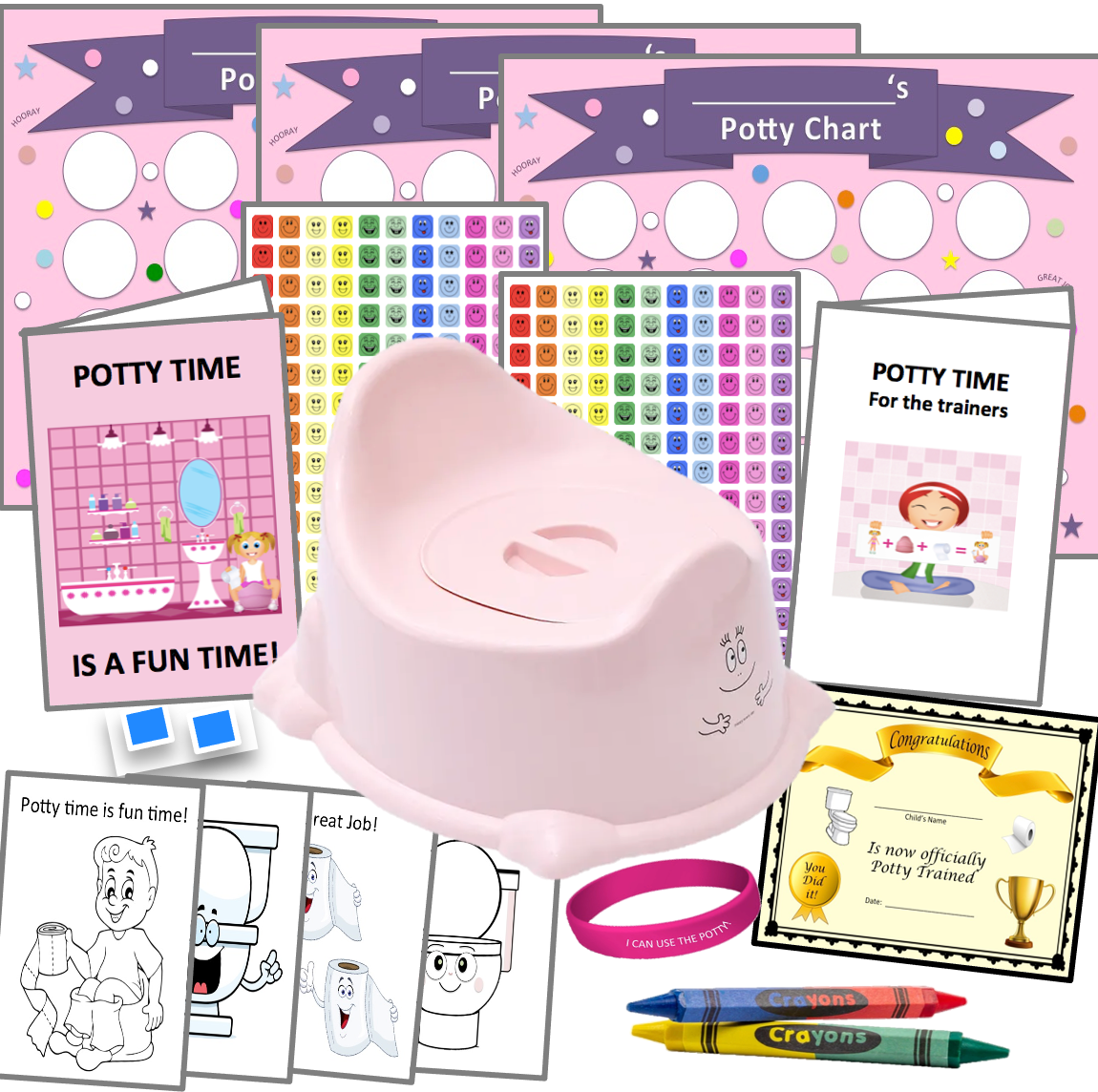 Ultimate Potty Training Kit-Pink Potty Seat with lid (6wks) 324 Pieces- 3 Charts, 308 Stickers, Certificate, Bracelet, 4 Color Sheets, 2 Crayons (4 Color) Wall Putty- 18 mos- 4 yrs, Bundle Boards
