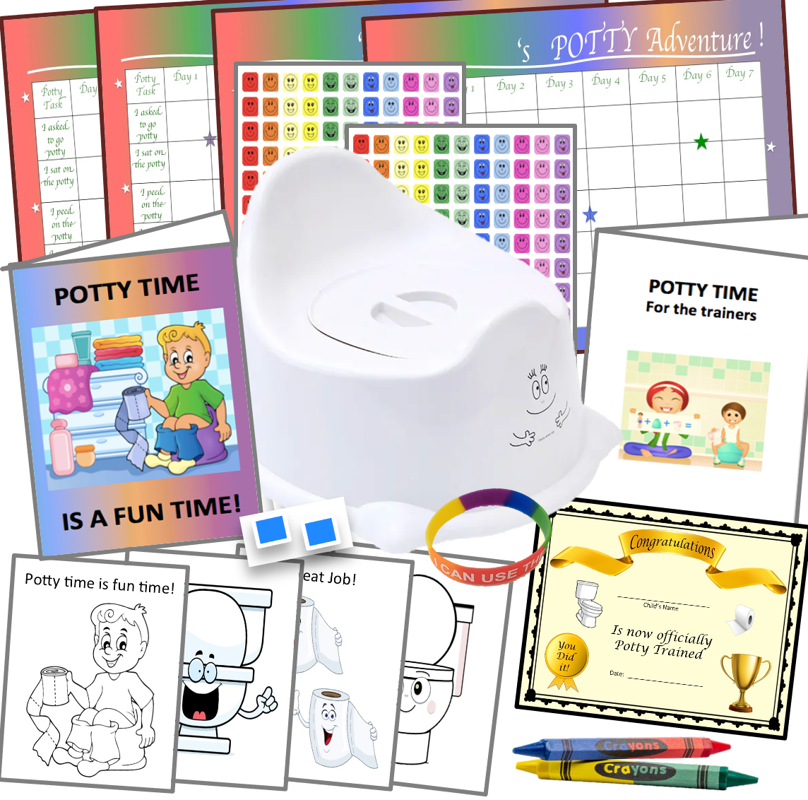 Ultimate Potty Training Kit-White Potty Seat with lid (6wks) 325 Pieces- 4 Charts, 308 Stickers, Certificate, Bracelet, 4 Color Sheets, 2 Crayons (4 Color) Wall Putty- 18 mos-4 yrs, Bundle Board