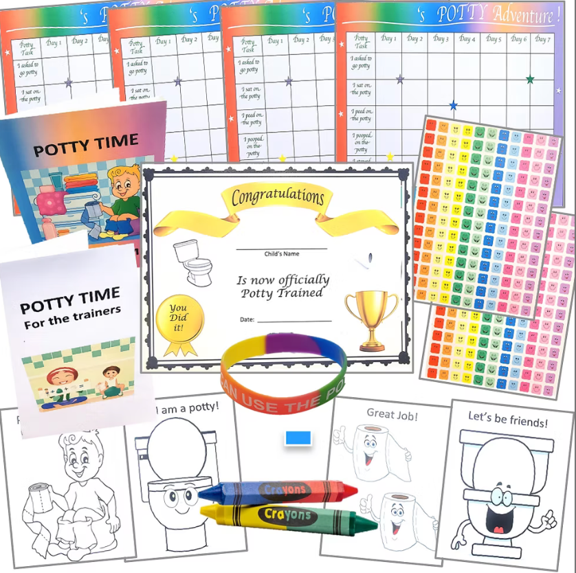 Potty Training System-Kit/Guide—320 Pieces- Parent Guide, Trainee Book, Rainbow Charts (4Wks), Color Sheets, Crayons (4 Colors) 308 Stickers, Certificate, Bracelet, Wall Putty- Ages 18 Mos- 4 Yrs