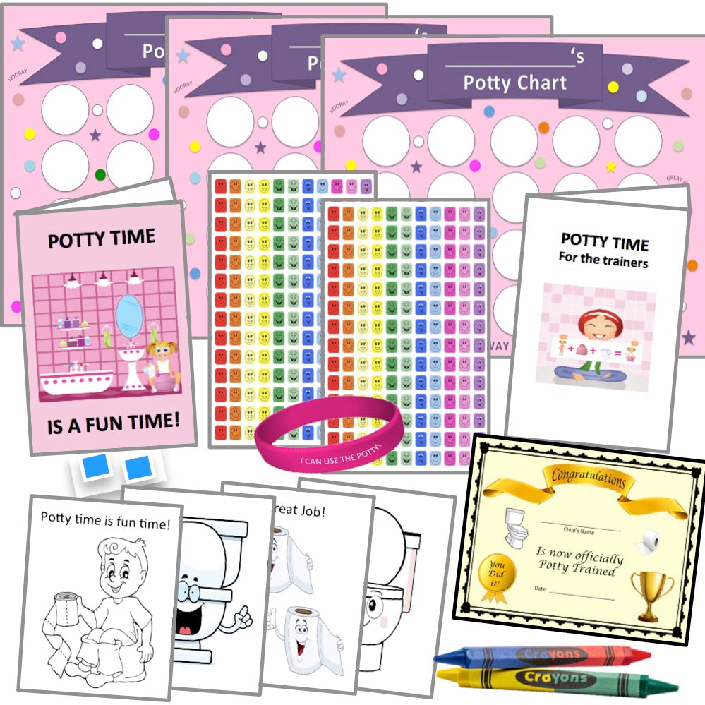 Potty Training PINK (6wks) 322 Pieces, System-Kit/Guide- 3 Charts, 308 Stickers, Certificate, Bracelet, 4 Color Sheets, 2 Crayons (4 Color) Wall Putty- 18 mos- 4 yrs, Bundle Board Boutique